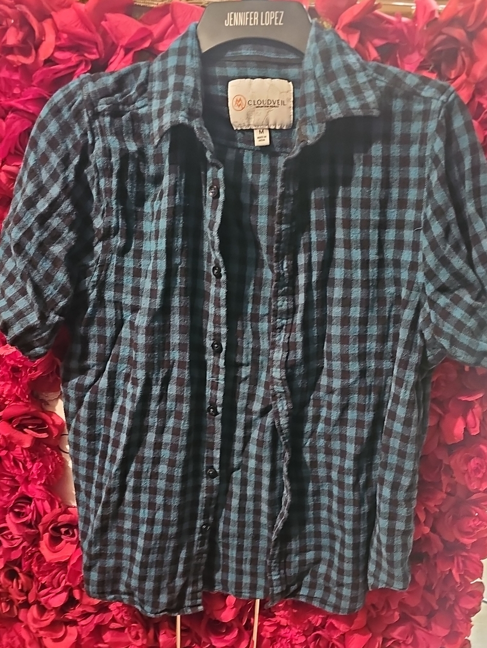 Cloudveil Men’s Teal and Black Check Casual Button-Down Shirt Size Medium